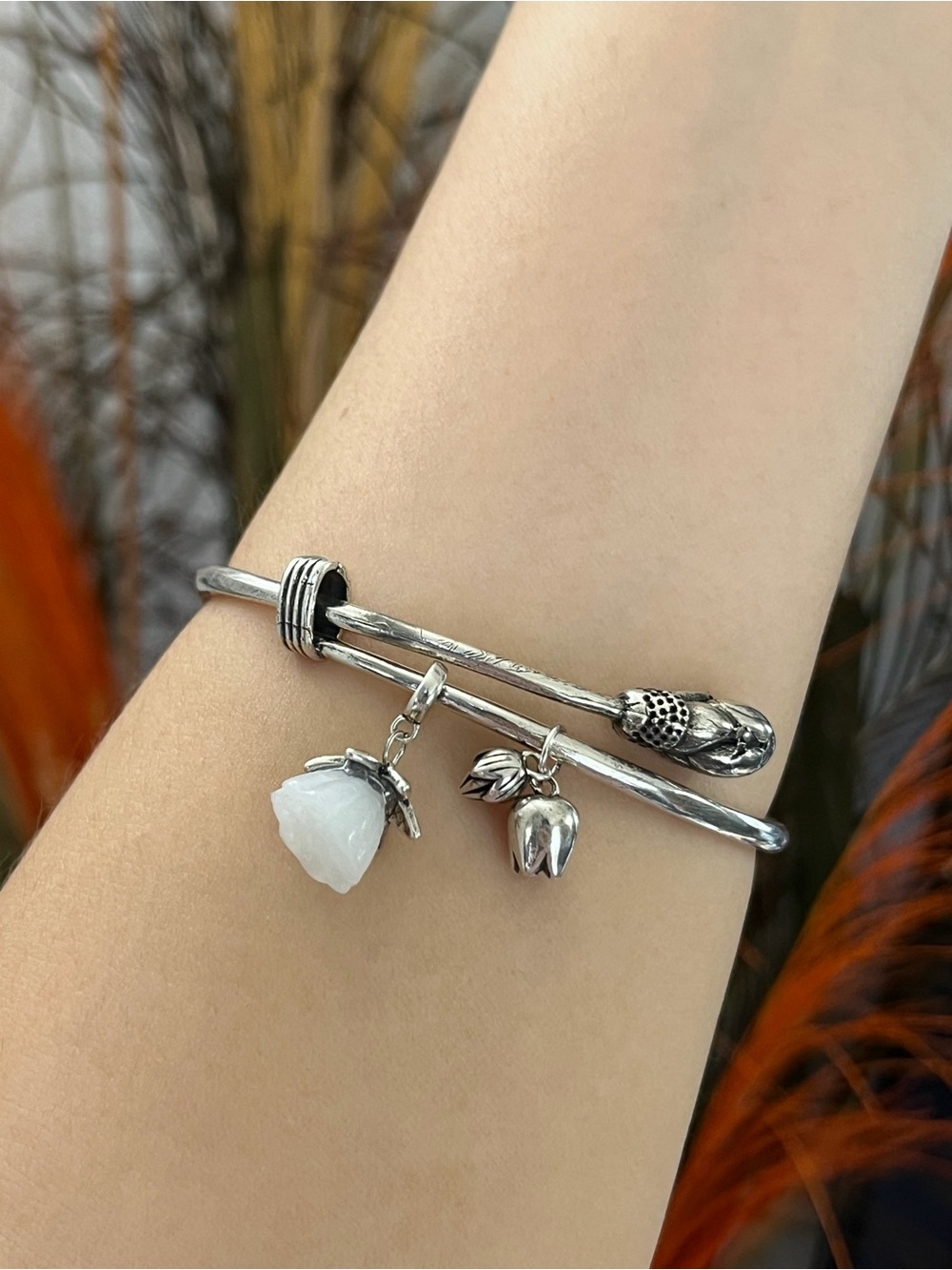 S925 silver jade lotus seedpod flower bloom chunky cuff bangle bracelet
